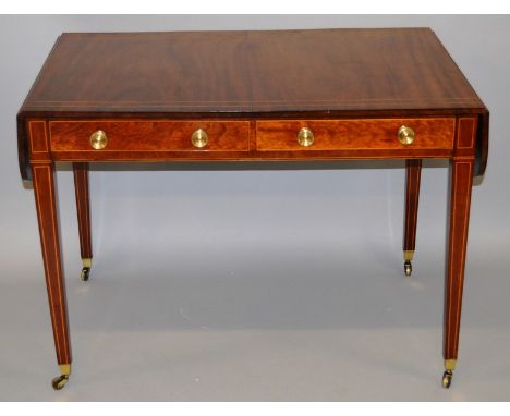 A GEORGIAN MAHOGANY SOFA TABLE with inlaid top and folding flaps, two frieze drawers and brass handles, supported on tapering