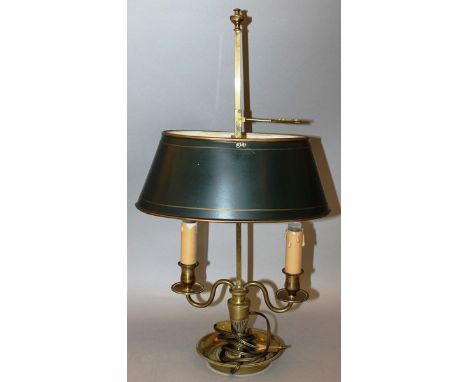 A 19TH CENTURY BRASS TWO LIGHT STUDENT LAMP AND SHADE 1ft 10ins high.