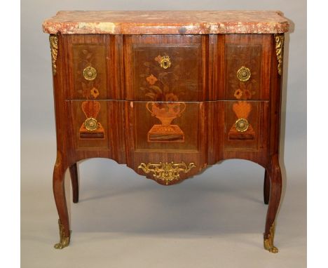 A SMALL 19TH CENTURY FRENCH LOUIS XVI DESIGN BREAKFAST COMMODE with marble top, two deep drawers with inlaid motifs and ormol