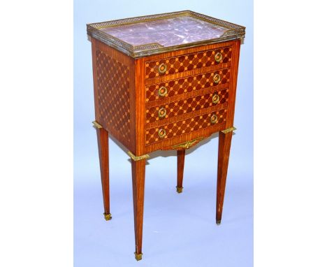 A GOOD SMALL 19TH CENTURY FRENCH PARQUETRY COMMODE with brass grill and marble top, four drawers with circular brass handles,