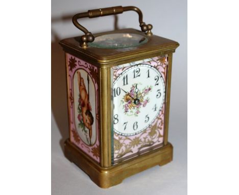 A PINK SEVRES STRIKING CARRIAGE CLOCK 5ins high.