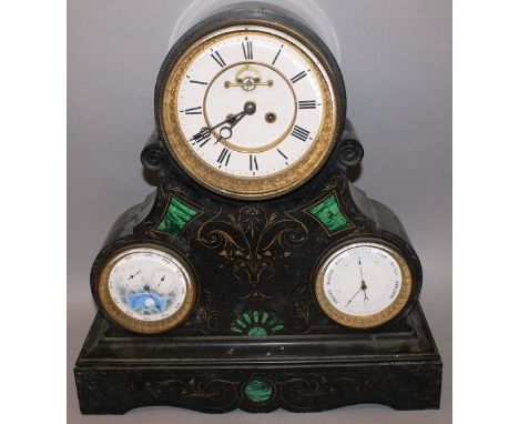 A VERY LARGE 19TH CENTURY BLACK MARBLE FRENCH TRIPLE CALENDAR CLOCK with three dials, clock, barometer and calendar 24ins hig