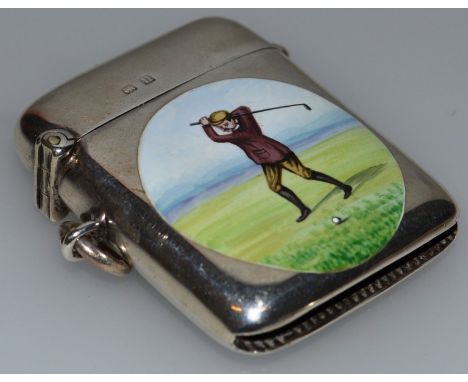 A GEORGE V SILVER AND ENAMEL VESTA “GOLF” Birmingham 1919 Maker: W.H.H.