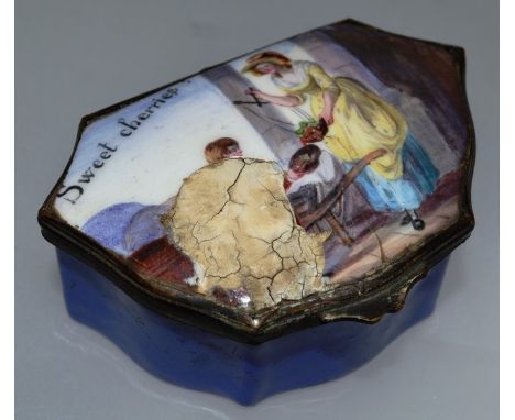 AN 18TH CENTURY ENAMEL SNUFF BOX AND COVER, the lid sweet cherries, repaired 2.75ins wide.