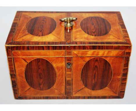 A GOOD SHERATON SATINWOOD INLAID RECTANGULAR TEA CADDY with two canisters 7.25ins wide.
