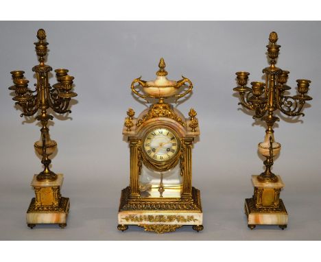 A SUPERB 19TH CENTURY FRENCH LOUIS XVI MARBLE AND ORMOLU THREE PIECE CLOCK GARNITURE by SHREVE CRUMP & LOW, the clock with ei