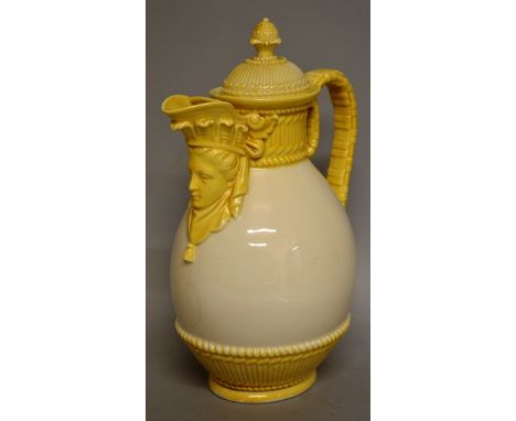 A ROYAL WORCESTER RARE COFFEE JUG AND COVER with mask spout with ivory coloured basket weave moulded top, base and handle, da