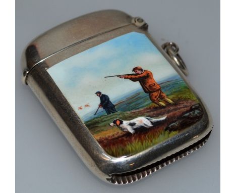 A GEORGE V SILVER AND ENAMEL VESTA “GROUSE SHOOTING” Birmingham 1910 Maker: J.G. Ltd.