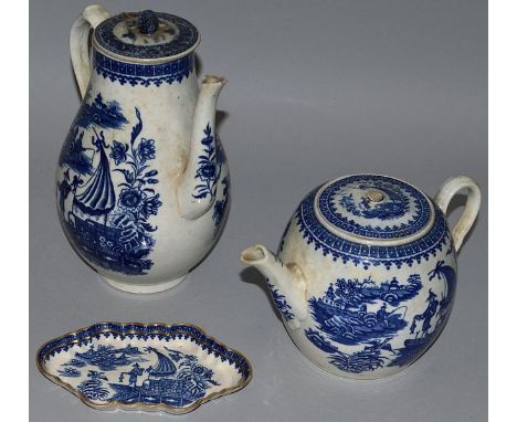 A WORCESTER FISHERMAN PATTERN BLUE AND WHITE COFFEE POT AND COVER, teapot and cover and shaped tray.