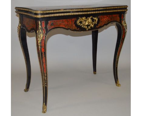 A GOOD 19TH CENTURY “BOULLE” FOLD-OVER CARD TABLE of serpentine outline, concertina action, with ormolu mounts, on cabriole l