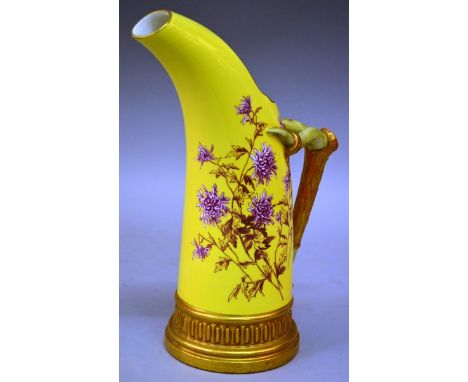A GOOD ROYAL WORCESTER YELLOW TUSK VASE painted with flowers with gilt rustic handle, Pattern No. 1116 10.5ins high.