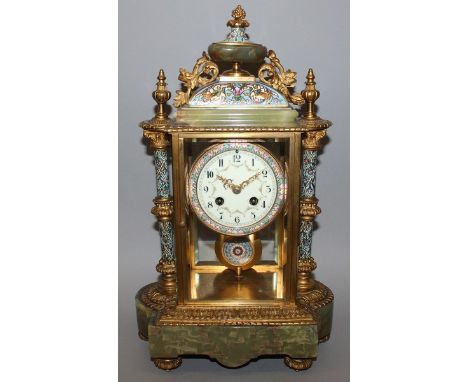 A GOOD 19TH CENTURY FRENCH CHAMPLEVE ENAMEL, ORMOLU AND GREEN ONYX CLOCK with eight day movement, striking on a gong, dial pa