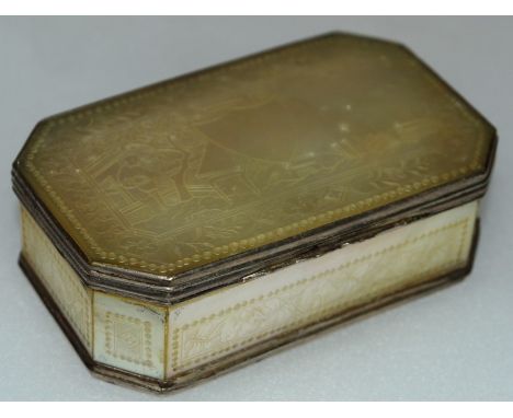 A 19TH CENTURY ETCHED MOTHER-OF-PEARL SNUFF BOX with plated mounts, the lid with a Chinese scene 2.25ins long.
