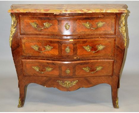 A LARGE 19TH CENTURY FRENCH LOUIS XVI BOMBE MARQUETRY COMMODE with marble top, three long shaped drawers with ormolu handles 