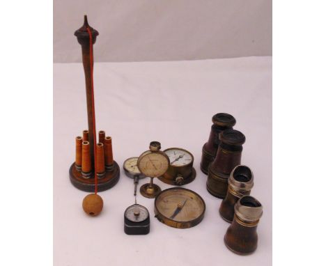 A quantity of collectables to include binoculars, gauges, a compass and table skittles (8)