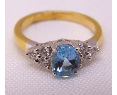 18ct yellow gold, blue topaz and diamond ring, approx total weight 3.8g