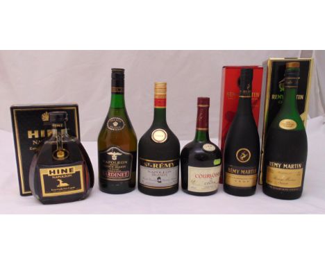 Six bottles of cognac and brandy to include Courvoisier, Remy Martin, Hine and Bardinet