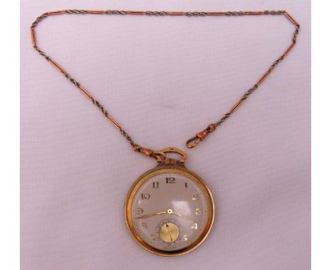 9ct open face pocket watch with subsidiary seconds dial and a gold plated Albert chain