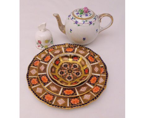 A Herend teapot with flower finial, three Royal Crown Derby dishes and a Royal Worcester table bell (5)