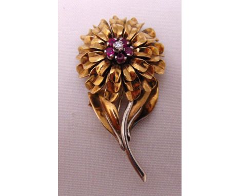9ct gold, ruby and diamond brooch, approx total weight 20.8g