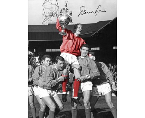 Autographed DENIS LAW 16 x 12 Photo : Colorized, depicting a wonderful image showing Manchester United David Herd and Bill Fo