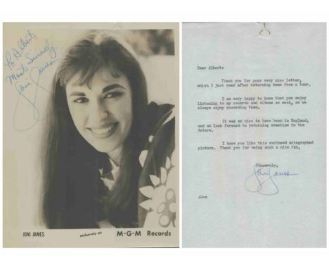 Joni James signed 10x8 inch black and white vintage promo photo with accompanying TLS in original mailing envelope. Good cond