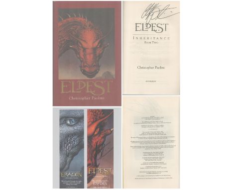 Christopher Paolini signed hardback book titled Eldest with 2 signed bookmarks, First UK Edition 681 pages. Good condition. A