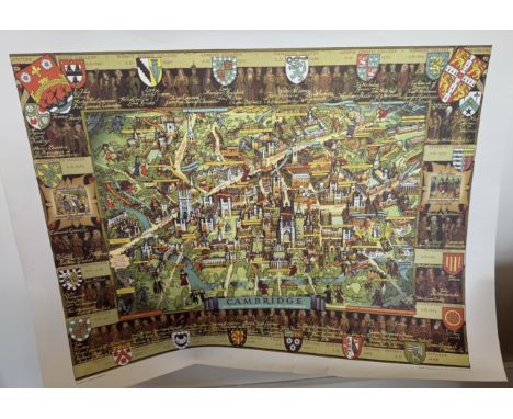 Vintage pictorial Map print collection includes London, Cambridge, Stratford-on-Avon, Oxford, measures 27x22 inch. Good condi