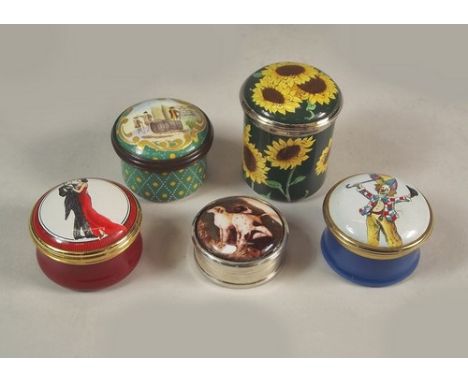 ENAMELLED BOXES.
Four various Halcyon Days, screw top enamel boxes & a modern silver box with dog-enamelled lid (this a.f.).