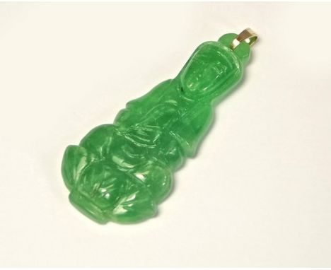 JADE PENDANT.
A 9ct. white gold mounted, Chinese apple green carved jade pendant.
Length 4cm.