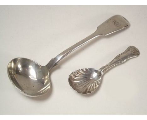 CADDY SPOON & LADLE.
A Georgian silver caddy spoon by Eley & Fearn & a Victorian fiddle pattern sauce ladle.