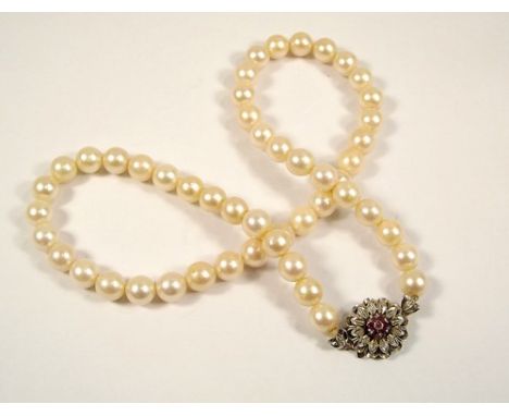 CULTURED PEARLS.
A single strand cultured pearl necklace with ruby set white gold clasp.
