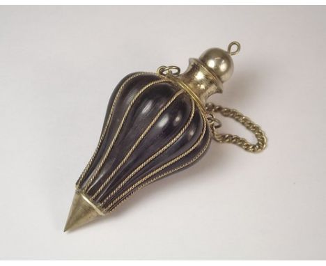 PERFUME FLASK.
A wooden perfume flask with applied silver coloured wire decoration & mounts.