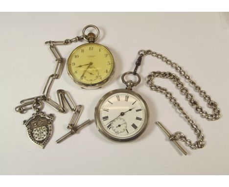 SILVER WATCHES & CHAINS.
A Benson, silver open faced pocket watch, with silver baton-link watch chain, with Borough of St. Iv