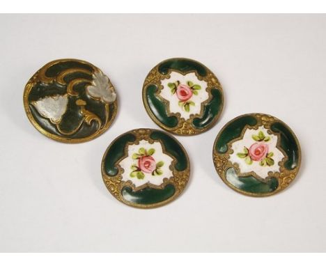 BUTTONS.
Three enamelled brass buttons & an Art Nouveau cold painted brass button.