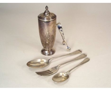 CASTER ETC.
A 1960's silver sugar caster, a pair of silver sugar tongs & a little flatware.