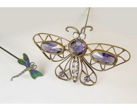 CHARLES HORNER HATPIN ETC.
A Charles Horner silver & enamel dragonfly hatpin & a larger paste set hatpin.