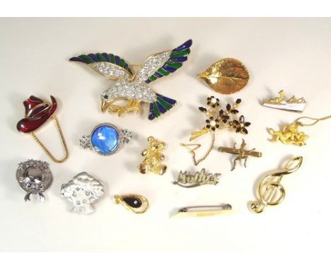 COSTUME JEWELLERY.
Costume jewellery including a large enamel & paste bird brooch (width 11cm) & other enamelled & paste jewe