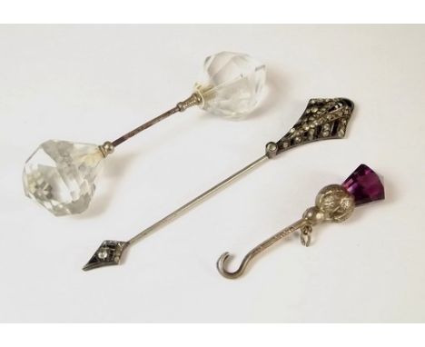 HAT FLASHES ETC.
Two Art Deco hat flashes & a silver glove hook with glass finial.