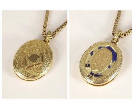LOCKET & CHAIN.
An engraved locket with traces of enamel, on a box link chain.