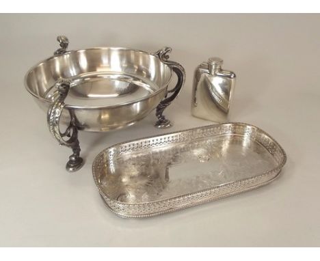 EPNS BOWL ETC.
A large EPNS on copper fruit bowl, diameter 26cm., a spirit flask & a galleried small tray.