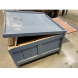 Lot - (1) Rolling Wood Display Table, 36 in. x 36 in. x 26 in. (Located In: Aloha, OR)