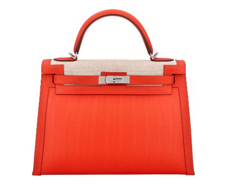 HERMÈS Handtasche "SAC KELLY II SELLIER 32". Koll. 2022 - Z Stempel. Limitierte Edition - Sammlerstück. Toile H Berline / Vea