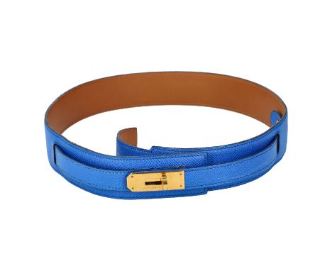 HERMÈS VINTAGE Gürtel "KELLY", Länge 75cm. Koll. 1990.  Fein genarbtes Leder in Blau (Innenseite in Hellbraun) mit goldfarben