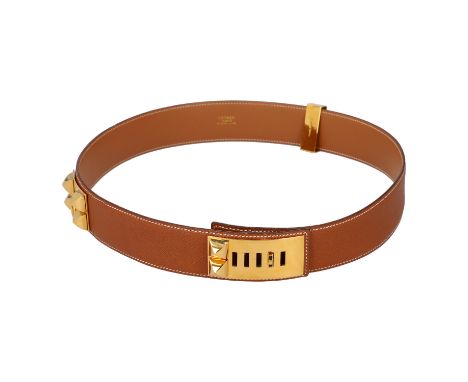 HERMÈS VINTAGE Gürtel "COLLIER DE CHIEN", Länge 80cm. Koll. 1992. Lederriemen in Gold (Hellbraun) mit goldfarbener Hardware. 