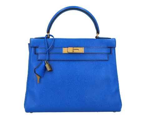 HERMÈS VINTAGE Handtasche "KELLY BAG 28". Koll. 1990. Epsom Leder in Blau mit goldfarbener Hardware. Klassisches Modell mit e