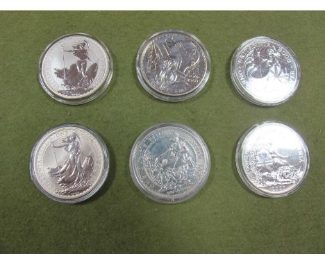 Six Silver Britannia One Ounce Two Pounds Coins, 2003-2008, all encapsulated. 