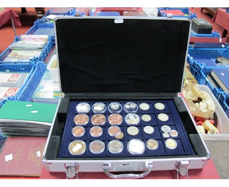 Twenty-Eight Coins, presented in a Ordex aluminium coin case (five trays to hold 205 coins. With tokens including U.S. 2010 L