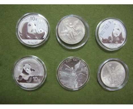 Six Silver One Ounce Coins, including three Chinese pandas 2010, 2011, 2014, three Mexican silver liberated 1982, 1990, 2009,