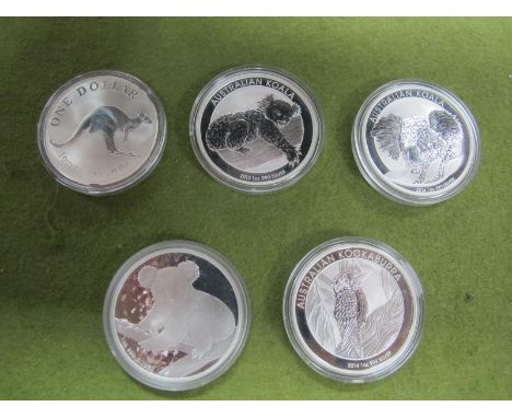 Five Australian Kookaburra, Koala, Kangaroo Silver (One Ounce) One Dollar Coins, including 1993 kangaroo, 2009 Koala, 2014 Ko